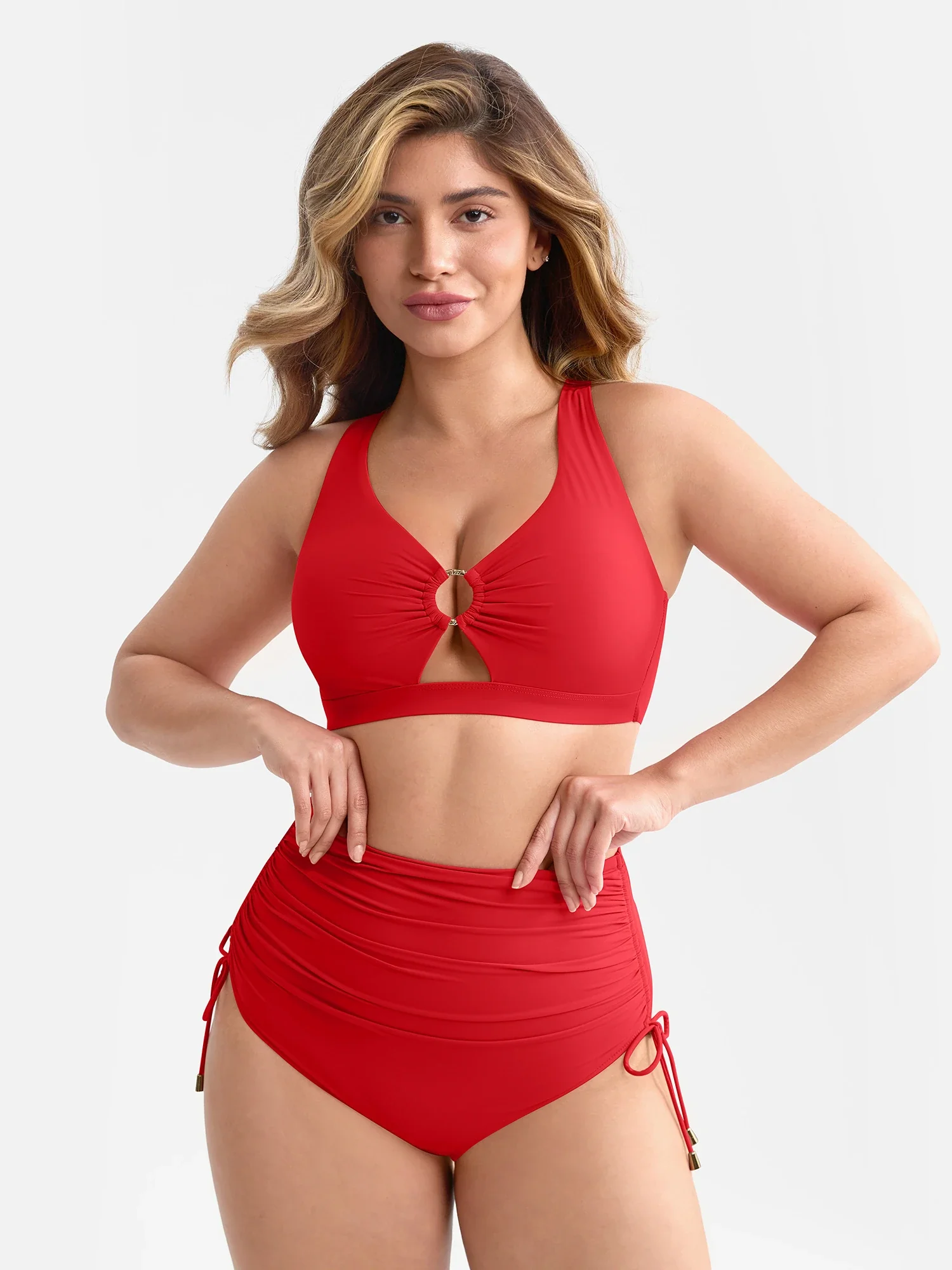 Feelingirl Deep V Metal Ring Drawstring Removable Pads Swimsuit - Image 8