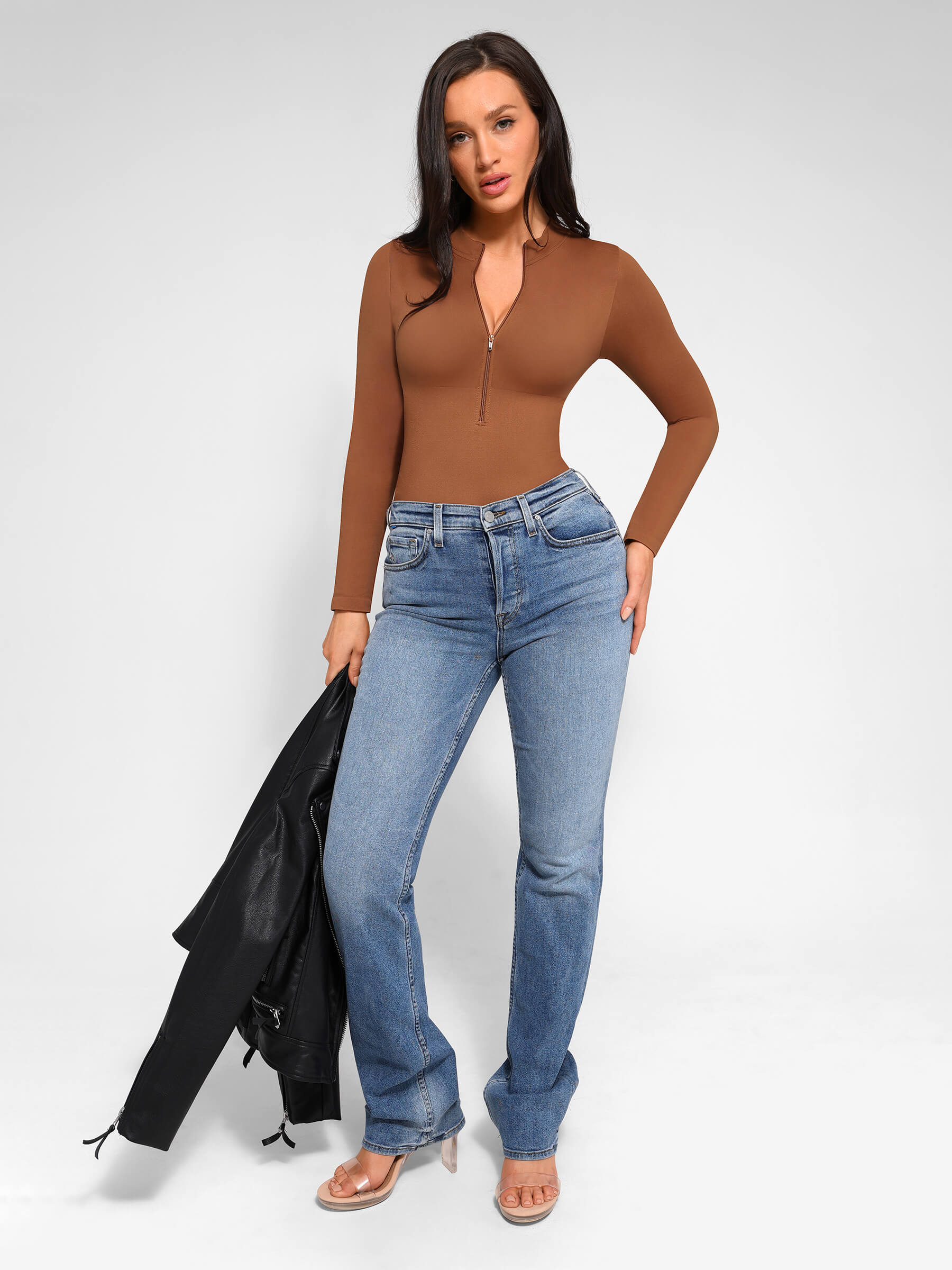 Feelingirl Seamless Long Sleeve Zipper Thong Bodysuit - Image 17