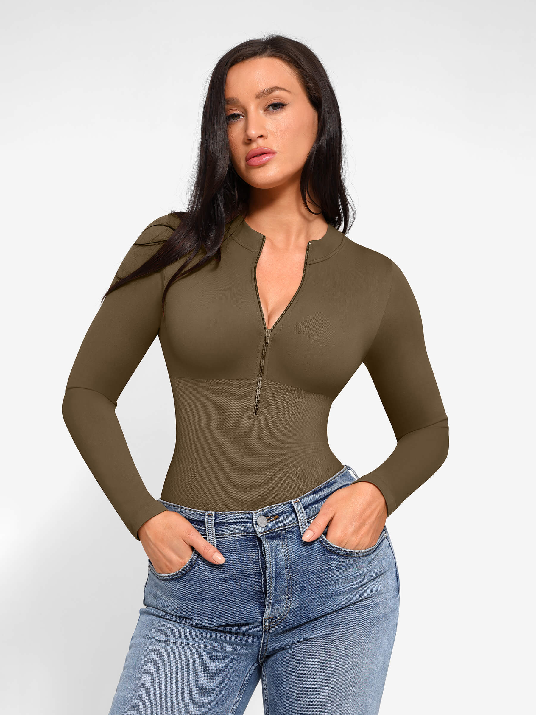 Feelingirl Seamless Long Sleeve Zipper Thong Bodysuit - Image 10