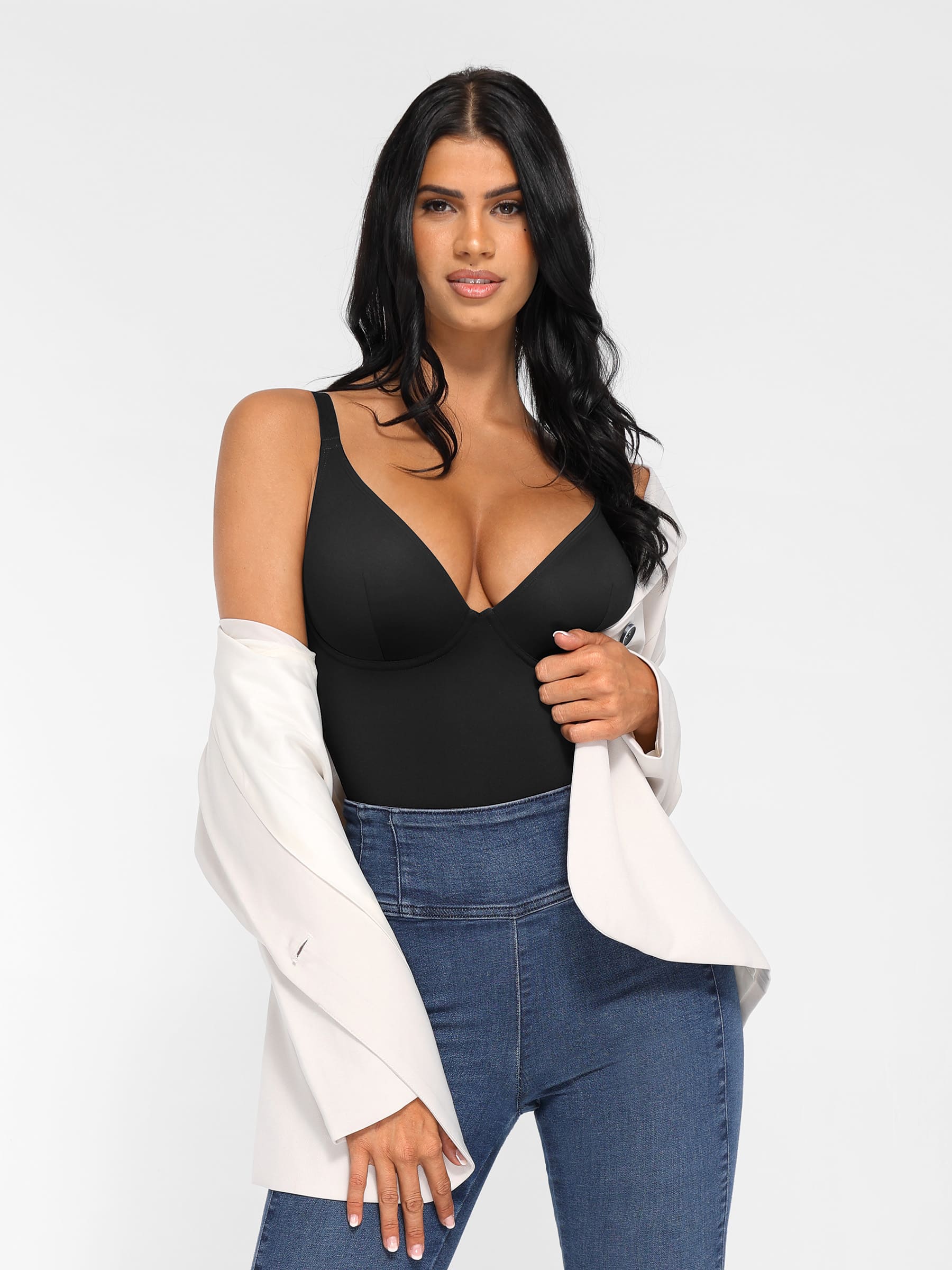 Feelingirl V Neck Adjustable Straps Tummy Control  Bodysuit - Image 33
